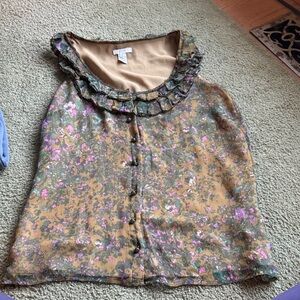 J. Crew Floral Ruffle Blouse - Green and Brown